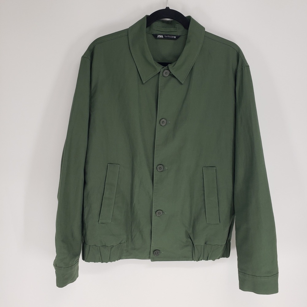 Zara Linen Blend Harrington Bomber Jacket Men Size Large Green Button Front